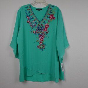 Calessa Embroidered Tunic Top Women's Plus Size 2X Blue Aqua Loose Fit V-Neck